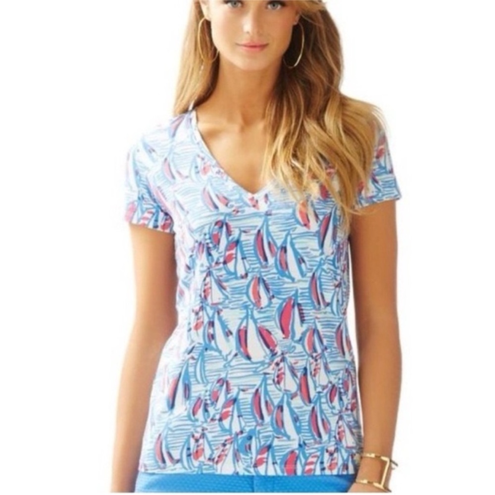 Lilly Pulitzer Red Right Return Michele V-Neck Sailboat Print Cotton Tee -
